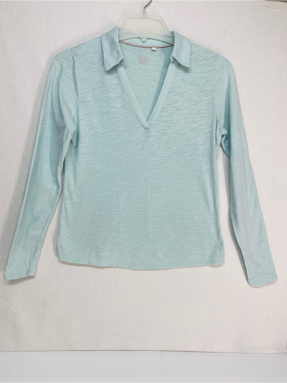 Boden Cotton Collar Notched XS Tee V Neck Pullover Top Aqua Sea Blue Lightweight